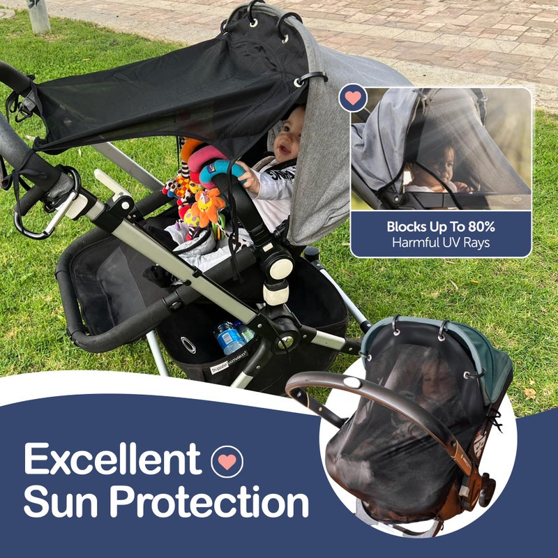 IntiMom Stroller Sun Shade - Universal UV Protection Cover for Strollers Sunshade with See Through, Clip-On Sun Blocker, Sun Shield for Baby, Breathable Adjustable Fit, Full Coverage, M Black - Image 2